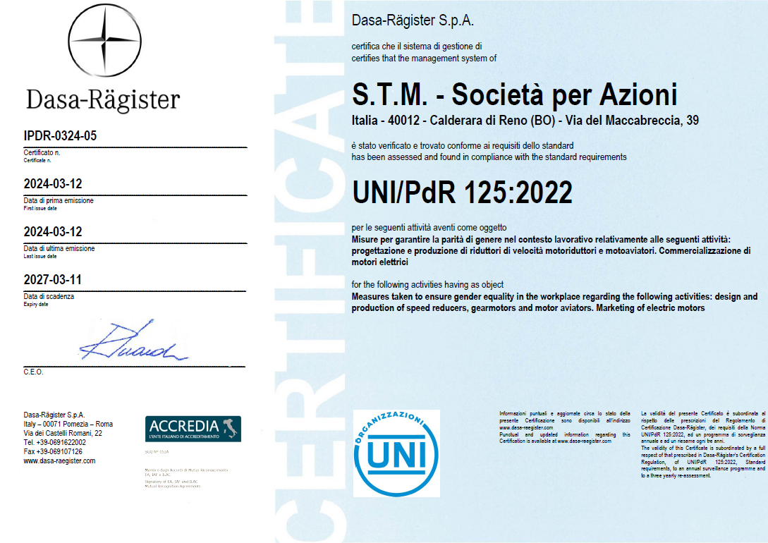 Certificate UNI/PdR 125:2022 (Gender Equality)
